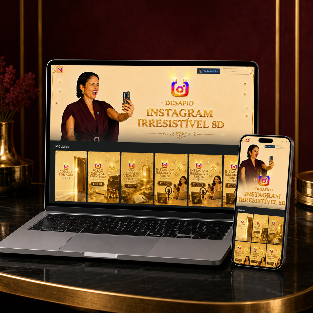 Mockup do Desafio Instagram Irresistível 8D em notebook e smartphone